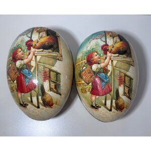2 Nestler Paper Mache Easter Egg Containers Girl w/ Rooster Duck Rabbits Germany